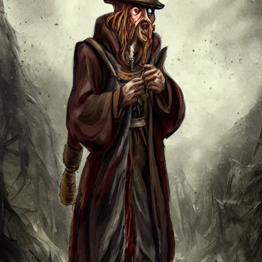 Image similar to Chawick the Fail Wizard, a young scrawny man in ragged and stained wizard's robes and hat. 8k resolution, full-length portrait, digital painting, fantasy art.