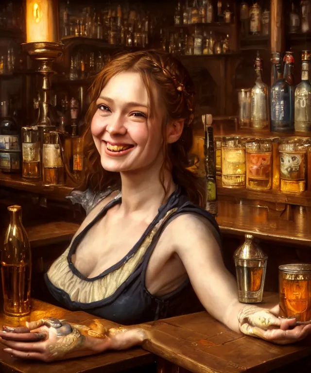 Image similar to hyperrealistic mixed media painting of a beautiful smiling charismatic barmaid, dimly lit cozy tavern, relaxed pose, medieval period, stunning 3d render inspired art by Tim Okamura + perfect facial symmetry + dim volumetric lighting, 8k octane beautifully detailed render, post-processing, extremely hyperdetailed, intricate, epic composition, grim yet sparkling atmosphere, cinematic lighting + masterpiece, trending on artstation, very very detailed, masterpiece, stunning, lifelike, photorealistic, art by John Collier and Albert Aublet and Krenz Cushart and Artem Demura and Alphonse Mucha