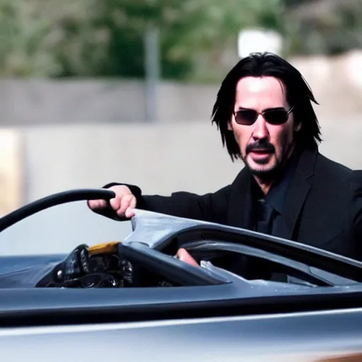 Prompt: Keanu Reeves driving ford mustang