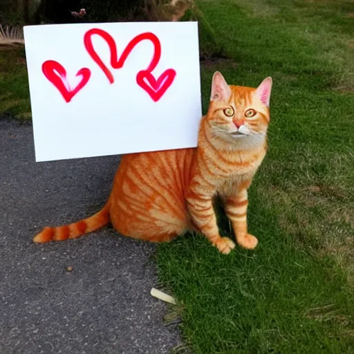 Image similar to cute orange tabby cat holds sign that says