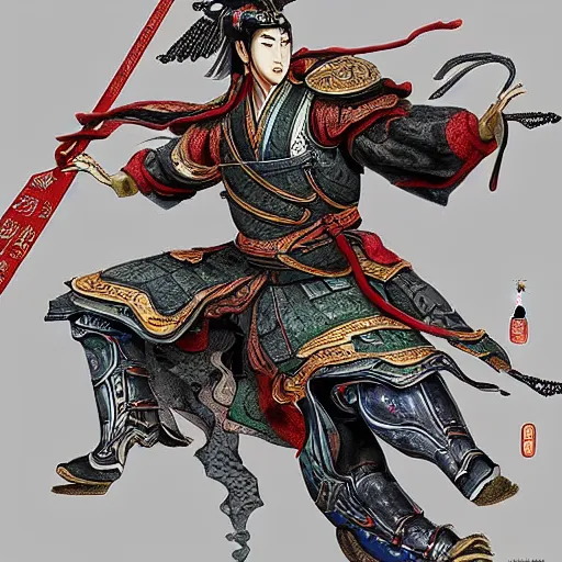 Image similar to dynamic composition, motion, ultra-detailed, incredibly detailed, a lot of details, amazing fine details and brush strokes, colorful and grayish palette, smooth, HD semirealistic anime CG concept art digital painting, watercolor oil painting of a Tang Ming dynasty chinese tao fantasy general wearing armor, from Three Kingdoms, by a Chinese artist at ArtStation, by Huang Guangjian, Fenghua Zhong, Ruan Jia, Xin Jin and Wei Chang. Realistic artwork of a Chinese videogame, gradients, gentle an harmonic grayish colors.