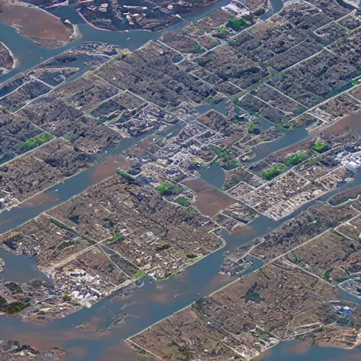 Prompt: Satellite imagery of a town following a huge flood