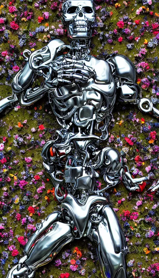 Image similar to destroyed terminator lying in a field of flowers, twisted metal, chrome, reflections, anthropomorphic, photorealism, smoke, metal, 8 k, surreal, wires, smooth, sharp focus, top view, extremely detailed, hyperrealism, elegant, establishing shot, by jeff koons, artgerm and greg rutkowski