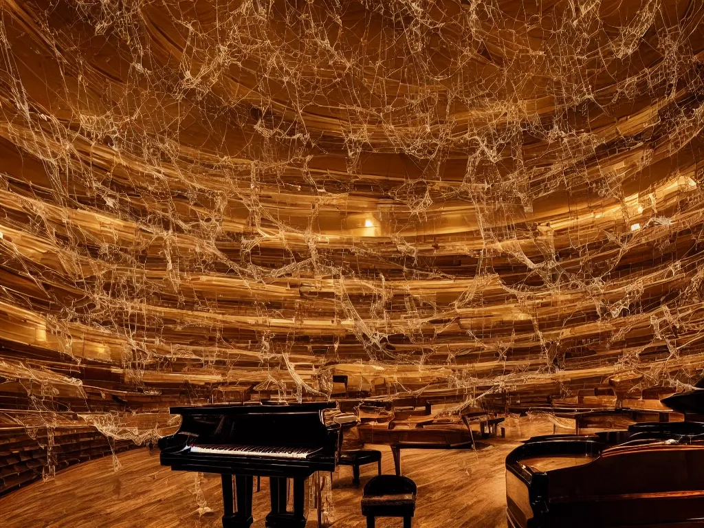 Prompt: “ grand piano encased in spiderwebs that stretch up to the ceiling in an opulent empty concert hall, photorealism, cinematic lighting, dramatic, melancholy, atmospheric ”