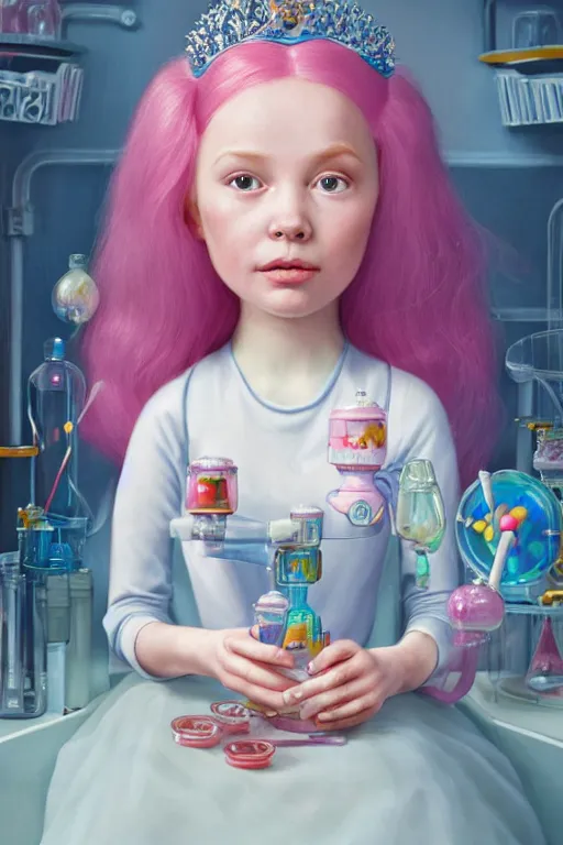 Image similar to highly detailed, profile portrait of princess bubblegum experimenting in her candy science lab, wearing lab coat and sapphire tiara, bubblegum hair, bubblegum face, depth of field, illustration, concept art by nicoletta ceccoli, mark ryden, lostfish, detailed and intricate environment, 8 k resolution, hyperrealistic, octane render