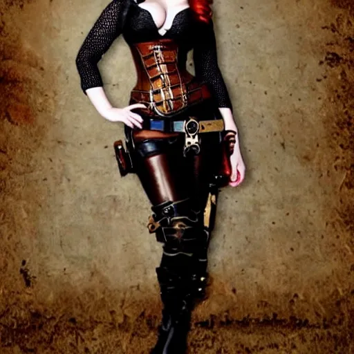 Prompt: full body photo of christina hendricks a steampunk warrior