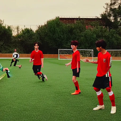 Image similar to bts playing soccer in their house.