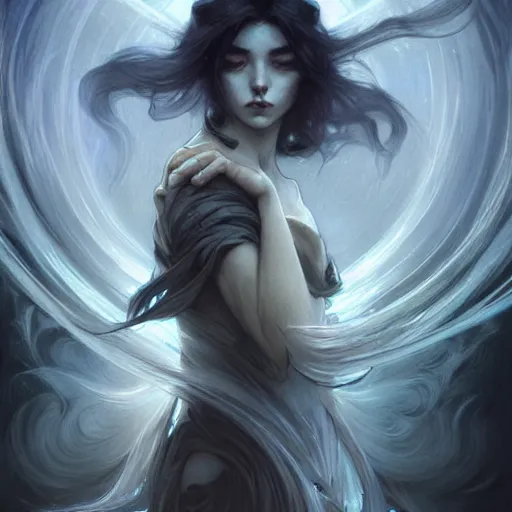 Image similar to Despair is a hue created with swirls of black gouache, hopeless grey, and a daub of cold blue, intricate, highly detailed, digital painting, artstation, concept art, smooth, sharp focus, illustration, Unreal Engine 5, 8K, art by artgerm and greg rutkowski and alphonse mucha, fantasy epic digital art, epic fantasy card game art