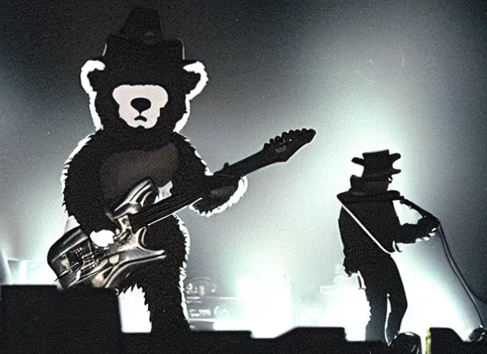 Image similar to publicity photo still of smokey the bear in korn live on stage 1 9 9 9, 8 k, live concert lighting, mid shot