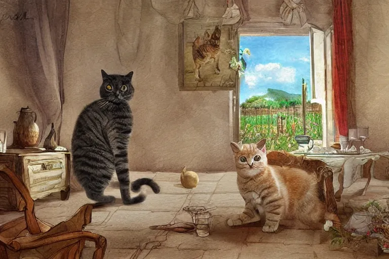 Image similar to a very very very very detailed digital art wide angle view on Cute Cat in Provence style Room,