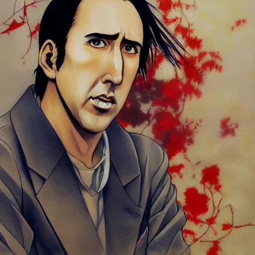 Image similar to beautiful amazing anime portrait painting of nicholas cage in tokyo. by koyoharu gotouge, kohei horikoshi, tatsuya endo, satoshi kon