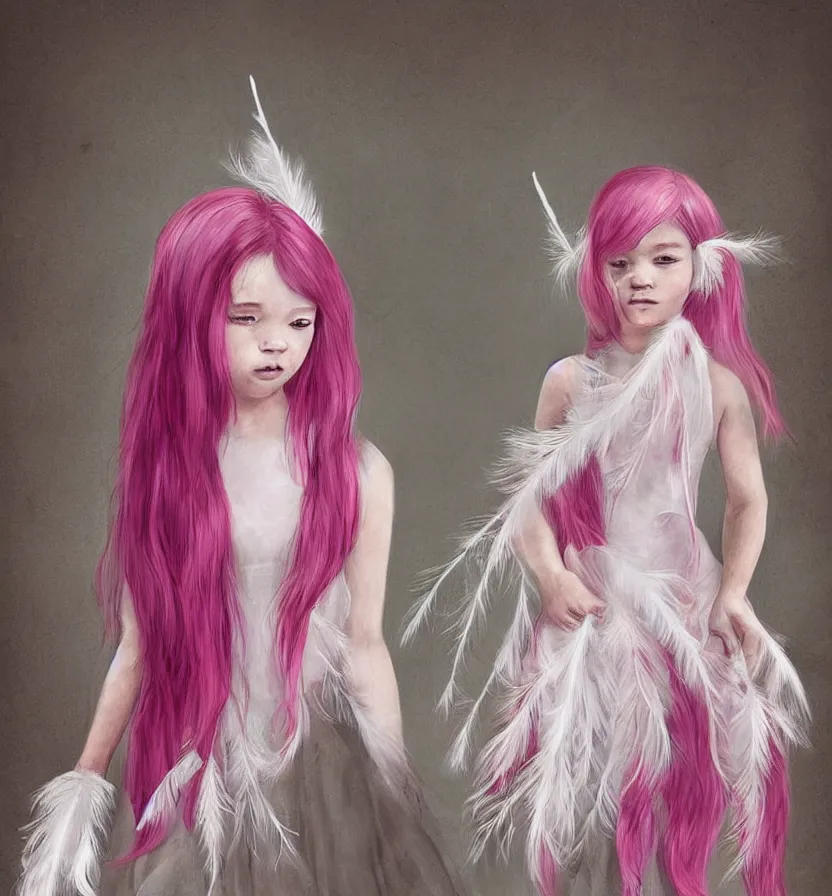 Prompt: little girl with eccentric pink hair wearing a dress made of white feather, anatomically perfect, art by dcwj,