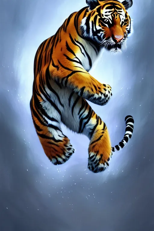 Image similar to clear portrait of a baby tiger, cottagecore!!, background hyper detailed, character concept, full body, dynamic pose, glowing lights!! intricate, elegant, highly detailed, digital painting, artstation, concept art, smooth, sharp focus, illustration, art by artgerm and greg rutkowski and alphonse mucha