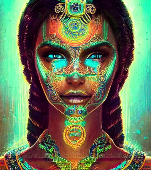 Image similar to beautiful intricate exquisite mayan princess realistic face, full body beautiful eyes, neon colors, drawing, in the style of greg rutkowski, fantasy, amazing detail, epic, intricate, elegant, smooth, sharp focus