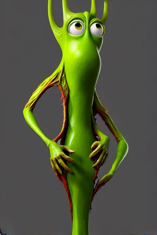 Image similar to anthropomorphic, mutant carnivorous plant, full body, character design by Disney and Pixar, sculpted in zbrush, minimal, dystopian, big eyes with eyelashes,extremely detailed, digital painting, artstation, concept art, volumetric lighting, golden ratio, rule of thirds, fibonacci