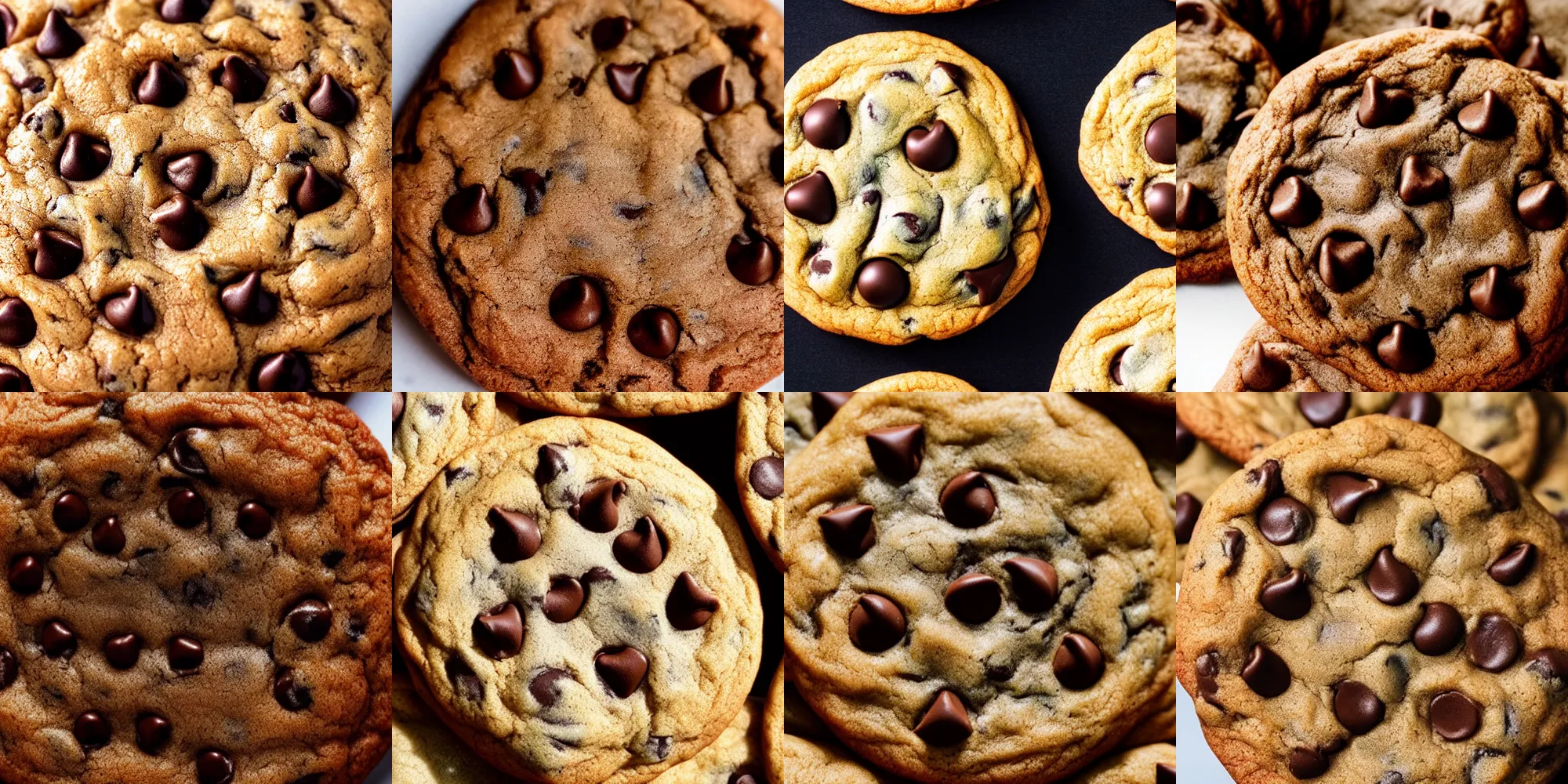 Prompt: a close up of a warm chocolate chip cookie, extremely detailed, hyperrealistic, hyperdetailed, side view