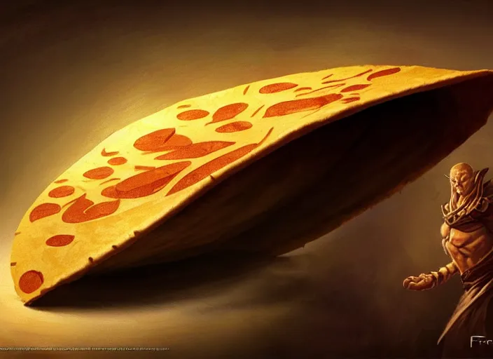 Prompt: a giant flour tortilla wrap that has curious eyes, by marco bucci and frank frazetta, style of magic the gathering, high resolution, fantasy coloring, intricate, digital painting, artstation, smooth, sharp focus