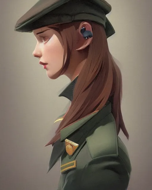 Prompt: portrait bust of young woman with shoulder length light brown hair and hazel eyes dressed in a sharp dark teal military uniform and beret, anime, ilya kuvshinov, greg rutkowski, guweiz, ross tran, loish, svetlana tigai, artgerm, artstation trending, concept art, digital painting