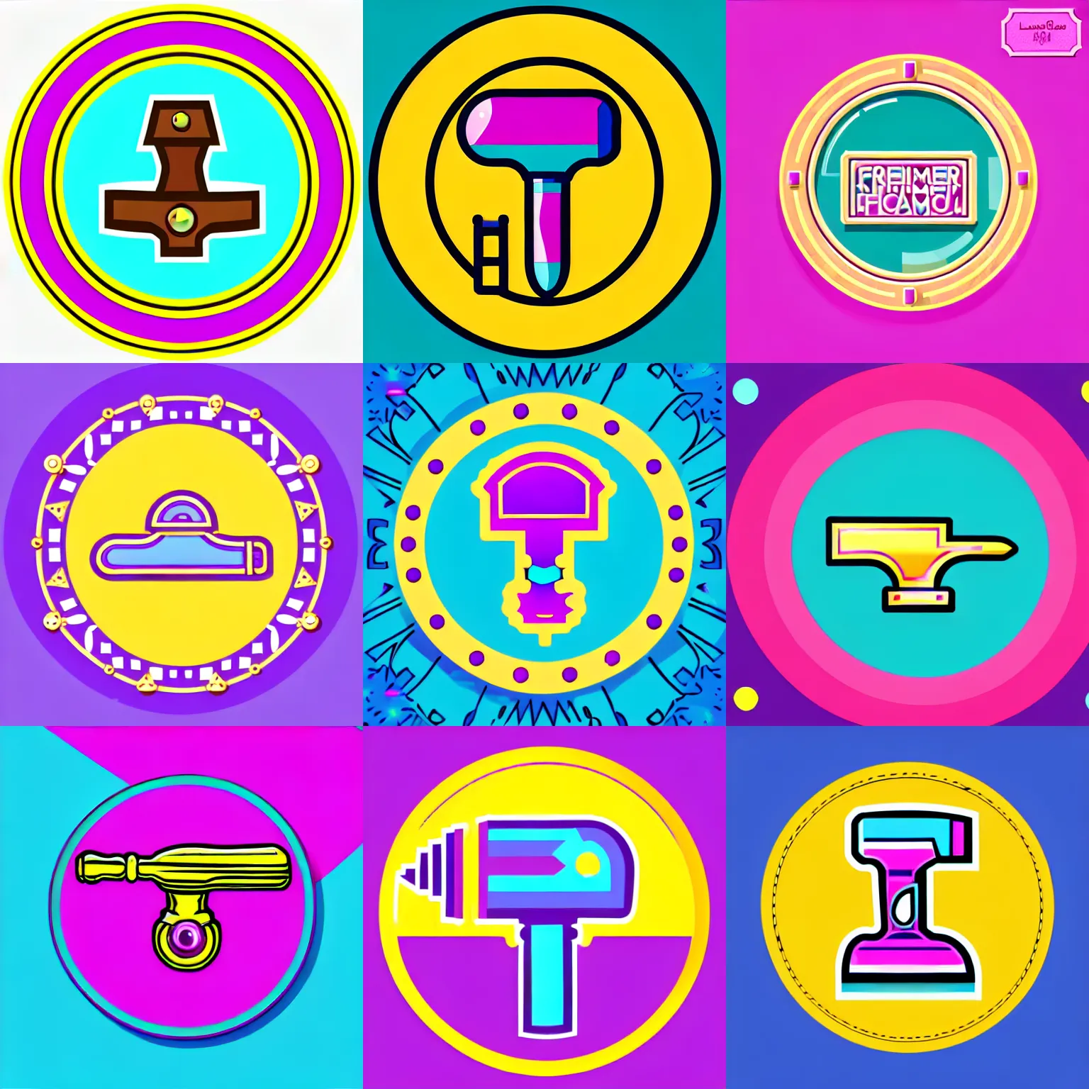 Prompt: 🔨!!!!!!!!!!!!!!!! hammer icon designed by lisa frank, girly, vector graphics forum badge, svg, symmetrical, transparent background, cute, metal, enamel, cloissonne, vintage, guilloche, gem stones, gilt, swarovski, circular