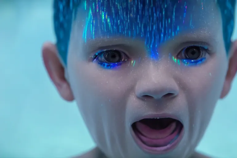 Prompt: a large blue and white hologram of a screaming child's face, photography by fred palacio medium full shot still from bladerunner 2 0 4 9, sci fi, bladerunner, canon eos r 3, f / 3, iso 2 0 0, 1 / 1 6 0 s, 8 k, raw, unedited