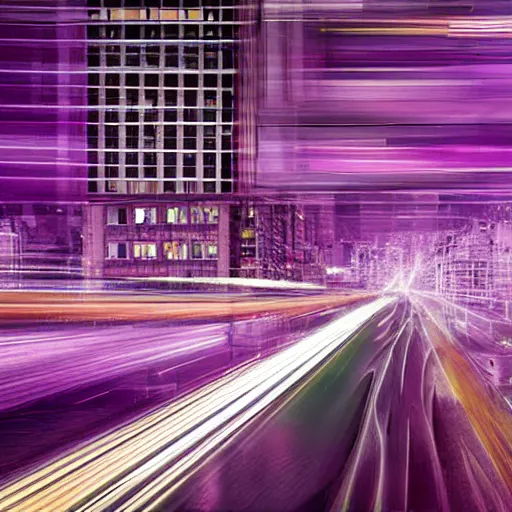 Prompt: Abstract purple images representing connected cities and buildings ,Traffic with light trails, from different perspectives interesting or unusual angles ,Perspective that looks up at buildings from below ,Evening or night cityscapes of buildings and roads from aerial or elevated view ,Evening or night cityscapes captured from human eye level ,Abstract facades of buildings ,Urban city view with unique angles