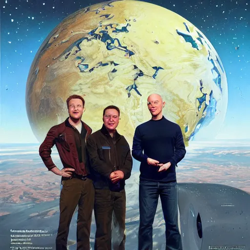 Image similar to portrait of elon musk, mark zuckerberg and jeff bezos together, looking at planet earth, very detailled, art contest winner on behance, trendy on deviantart, donato giancola, joseph christian leyendecker, les edwards, ed repka, wlop