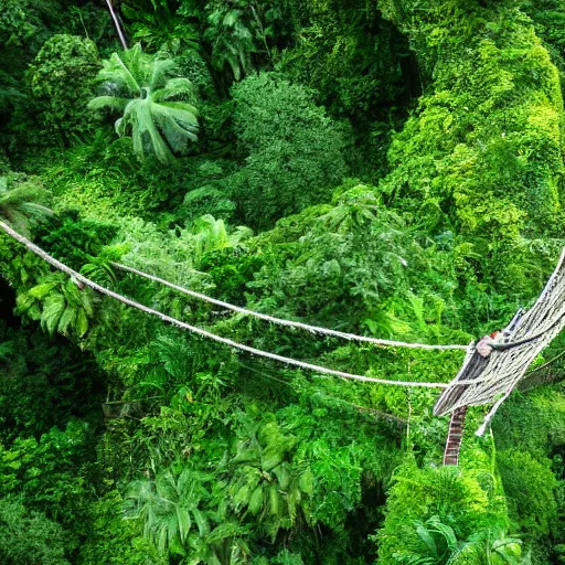 Prompt: Rope bridge in a lush jungle, from above