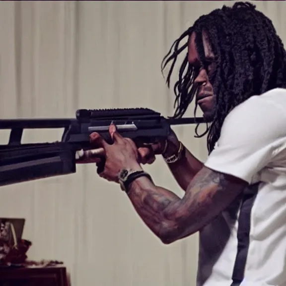 Prompt: Chief Keef wielding an AK-47, still from a music video