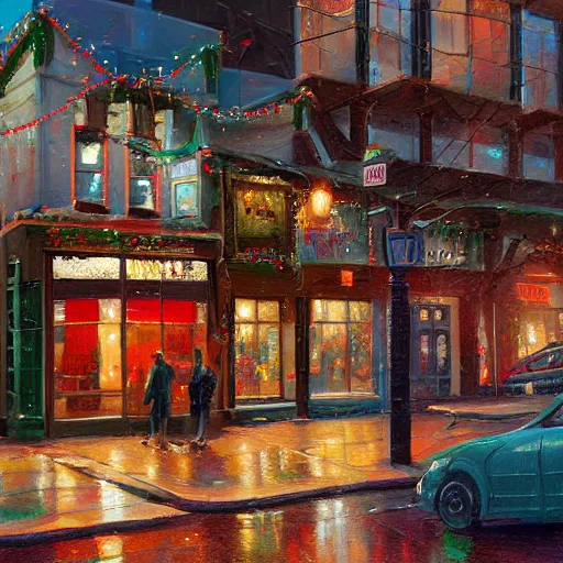 Prompt: a painting of a street corner in Haight neighborhood with a coffee shop covered in christmas lights, by Tyler Edlin, behance contest winner, american scene painting, concept art, streetscape, rainy, cozy