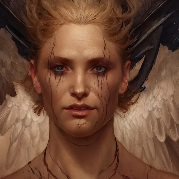 Prompt: excellent painted portrait of a terrifying imposing archangel, high quality painting with detailed face, 4k, trending on artstation, octane render, art by artgerm and greg rutkowski and alphonse mucha and craig mullins and James Jean and Andrei Riabovitchev and Marc Simonetti and peter mohrbacher