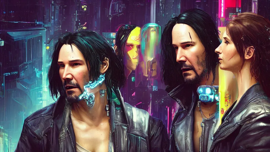 Image similar to a cyberpunk 2077 srcreenshot couple portrait of Keanu Reeves & female android in kiss,love story,film lighting,by Laurie Greasley,Lawrence Alma-Tadema,Dan Mumford,John Wick,Speed,Replicas,artstation,deviantart,FAN ART,full of color,Digital painting,face enhance,highly detailed,8K,octane,golden ratio,cinematic lighting