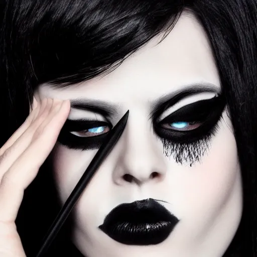 Prompt: emo trump, photo realistic, black hair covering one eye, eyeliner, black lipstick, 4k, portrait photography