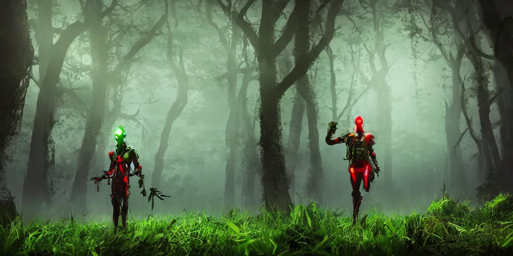 Prompt: inside of lush summer green landscape a strange gamekeeper wearing a steampunk and cyberpunk mechanical fluorescent mystical animal mask and red hood. walking in the misty swamp. in style of fornite game. night fog, matte painting, beautiful render, octane render, concept art