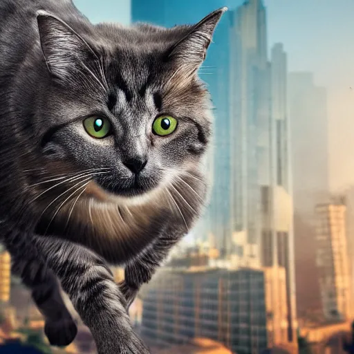 Image similar to a cat kaiju stomping through a city, realistic, 8 k, low angle