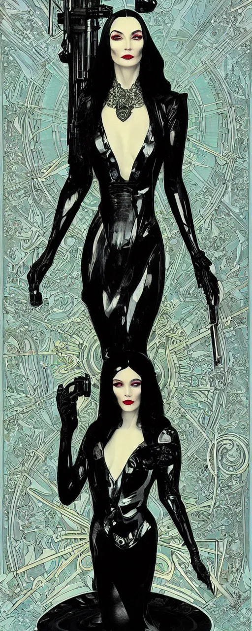 Image similar to beautiful enticing cyberpunk art nouveau style portrait of morticia adams as a chic street soldier by chris achilleos, moebius, olivia de bernardinis and alphonse mucha, photorealism, extremely hyperdetailed, perfect symmetrical facial features, perfect anatomy, ornate declotage, latex, weapon, high technical detail, confident expression, wry smile