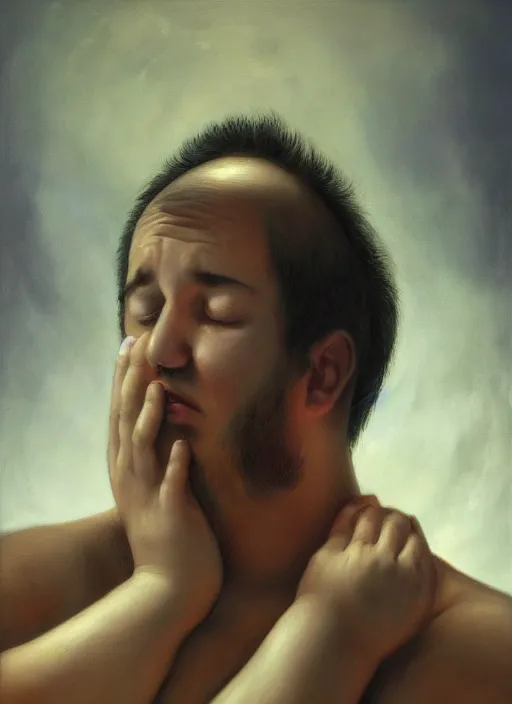 Prompt: insanely detailed chiaroscuro image of a sleepy - looking chubby casually - dressed programmer guy on his knees facing his glowing ultrawide monitor monitor begging it for forgiveness, oil on canvas, masterwork, fine detail, trending on artstation, emotive, insanely compelling, ryden, koons, moebius