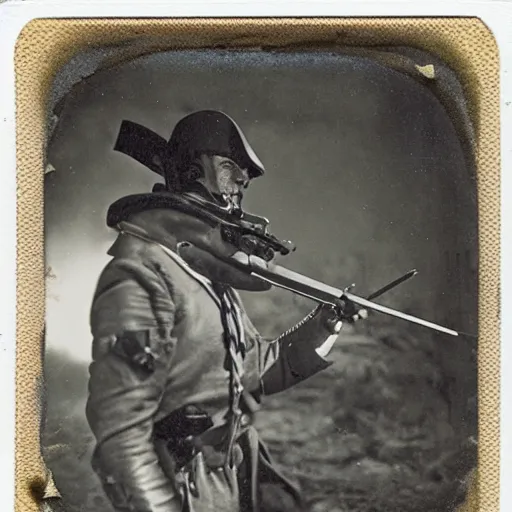 Prompt: Man aiming a musket, wearing a combat helmet, postapocalyptic, polaroid color photo