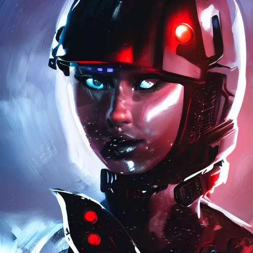 Prompt: A comic book style portrait painting of a warrior girl wearing black & reddish color cyber suit, no helmet fighting on rooftop Tokyo cyberpunk feel night, rpg portrait, dramatic light, rim light, unreal engine render, octane render, hyperrealistic