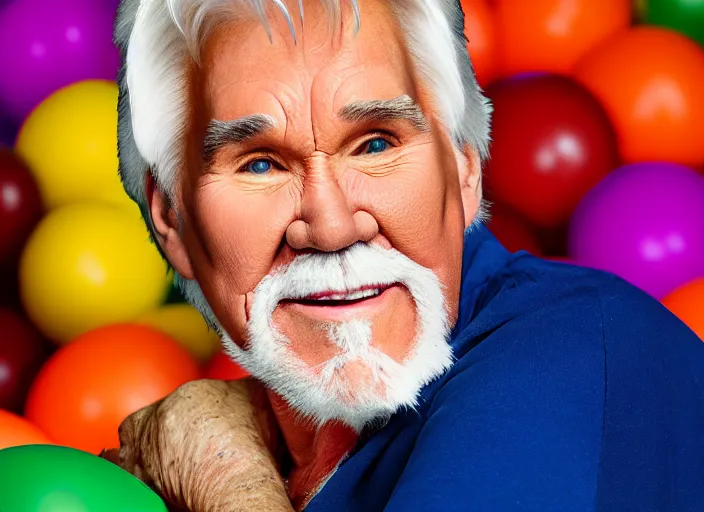 Image similar to photo still of kenny rogers in a ball pit of fried chicken!!!!!!!! at age 4 6 years old 4 6 years of age!!!!!!!! hiding from parents, 8 k, 8 5 mm f 1. 8, studio lighting, rim light, right side key light