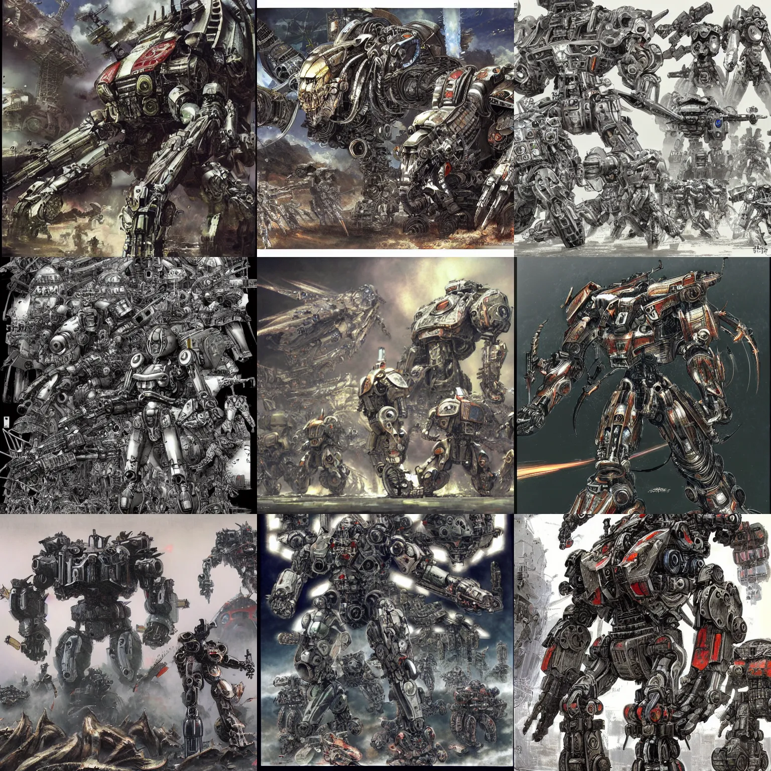 Prompt: machines of war concept art, mechs, war, biomechanical, by q hayashida, by yoshitaka amano