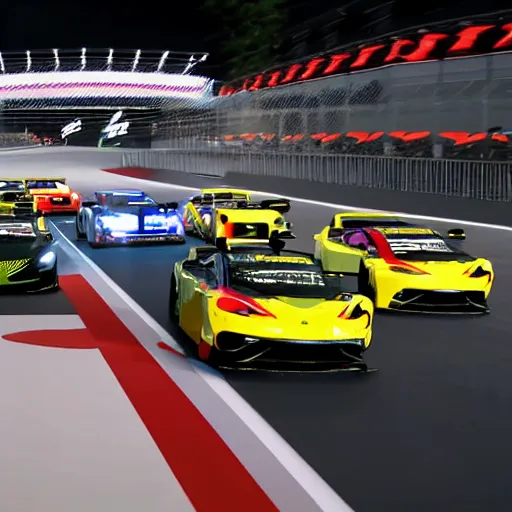 Image similar to Start of a GT3 race at Suzuka during night, cinematic, realistic