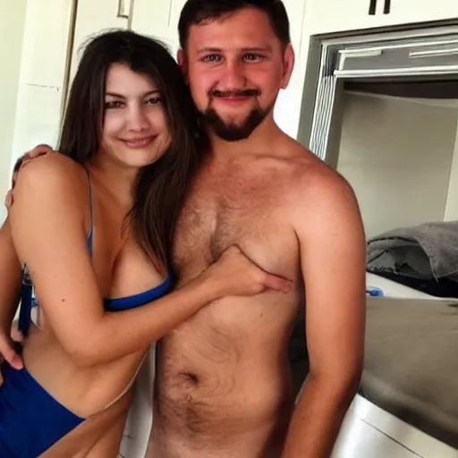 Image similar to photo of a 4 0 year old man that looks young for his age dating a very attractive 2 2 year old woman wearing a bikini. they are in a college dorm.