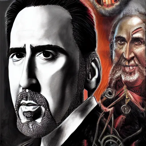 Prompt: a detailed digital art of an occult nicholas cage, 8k, ornate, award winning art, cgsociety, artstation, deep focus