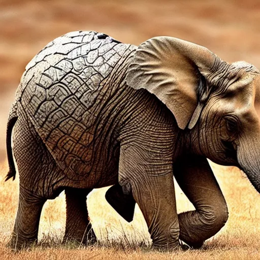 Prompt: a Elephant with the armor of a pangolin, national geographic photograph