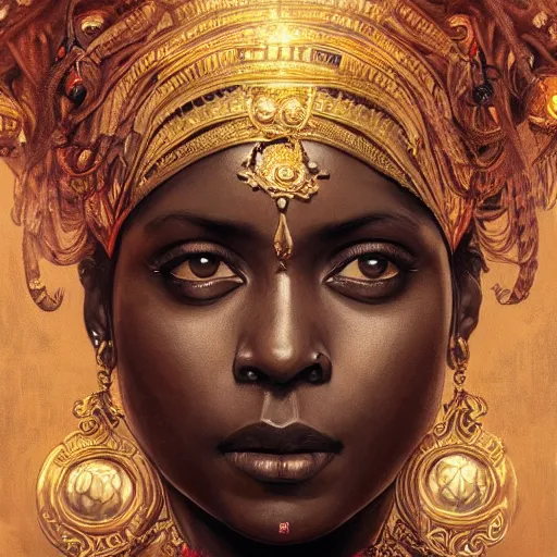 Image similar to wide angle portrait painting of a black muscular south indian woman, sari, ultra realistic, concept art, intricate details, eerie, horror, highly detailed, photorealistic, octane render, 8 k, unreal engine. art by artgerm and greg rutkowski and alphonse mucha
