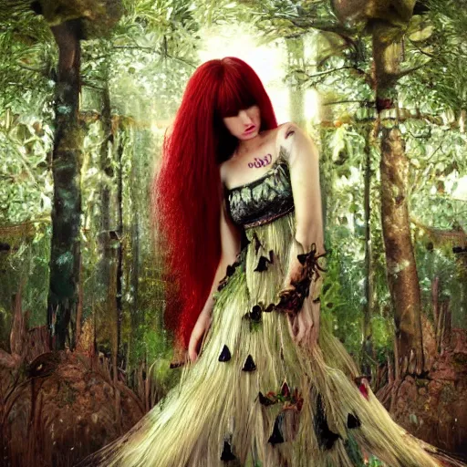 Image similar to Girl, long red hair, short bangs, in a beautiful skirt made of leaves with dewdrops on them, clothes, tiny mushrooms and forest on a dress, mushrooms decoration on the dress, on the background of a magickal forest, Designer clothes, vouge photo, fashion style, fullbody, in full growth, intricate, elegant, highly detailed, artstation, concept art, smooth, sharp focus, illustration, art by greg rutkowski and orientalism and bouguereau and Zdzislaw Beksinski, good clear quality, lighting, biology, symmetrical artwork, perfect face, 135 mm, cinematic, hyper realism, high detail, octane render, 8k, chrome accents