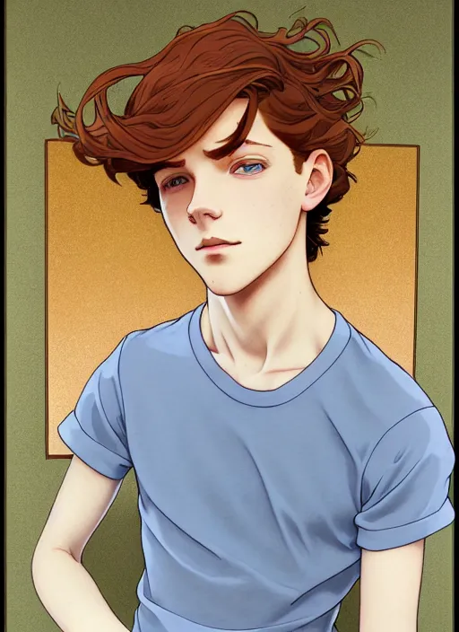 Image similar to art nouveau portrait of a teen boy with completely straight auburn hair, light blue eyes, pale skin, freckles, sad expression, t - shirt, modern casual clothing, natural lighting, path traced, highly detailed, high quality, cartoon, digital painting, by don bluth and ross tran and studio ghibli and alphonse mucha