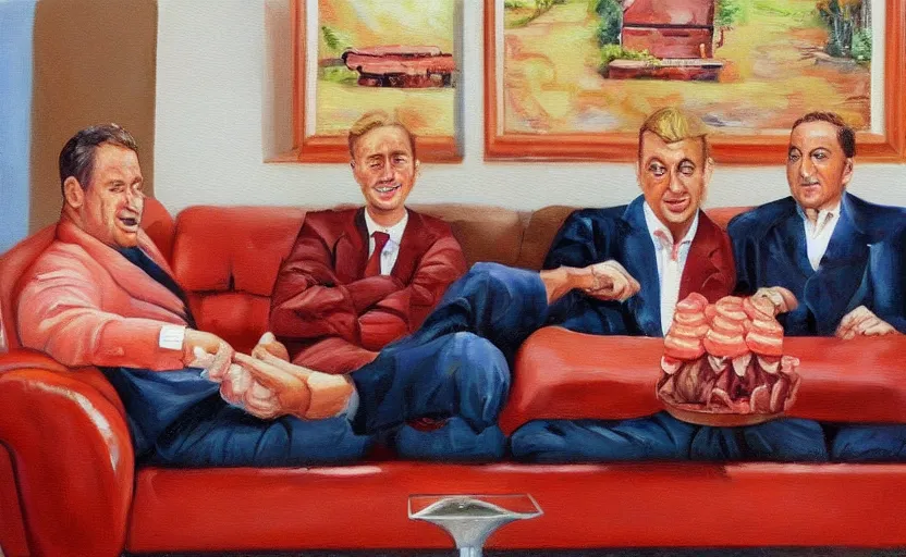 Image similar to realistic painting of couch made out of meat, business men sitting on couch made out of meat and talking,