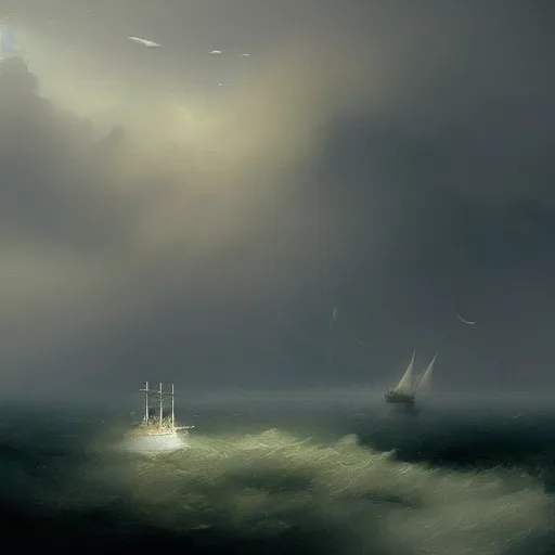 Image similar to a lonely ship drifting amongst the clouds , fog and heavy storm concept art in style of Ivan Aivazovsky