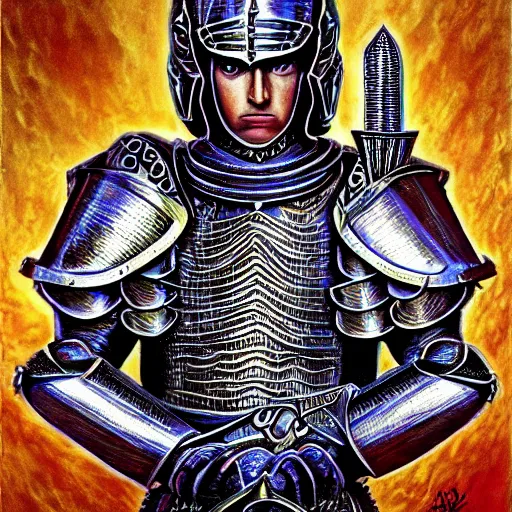 Image similar to medieval fantasy armored knight, by alex grey, TOOL band art, psychedelic, fractals, detailed, 8K